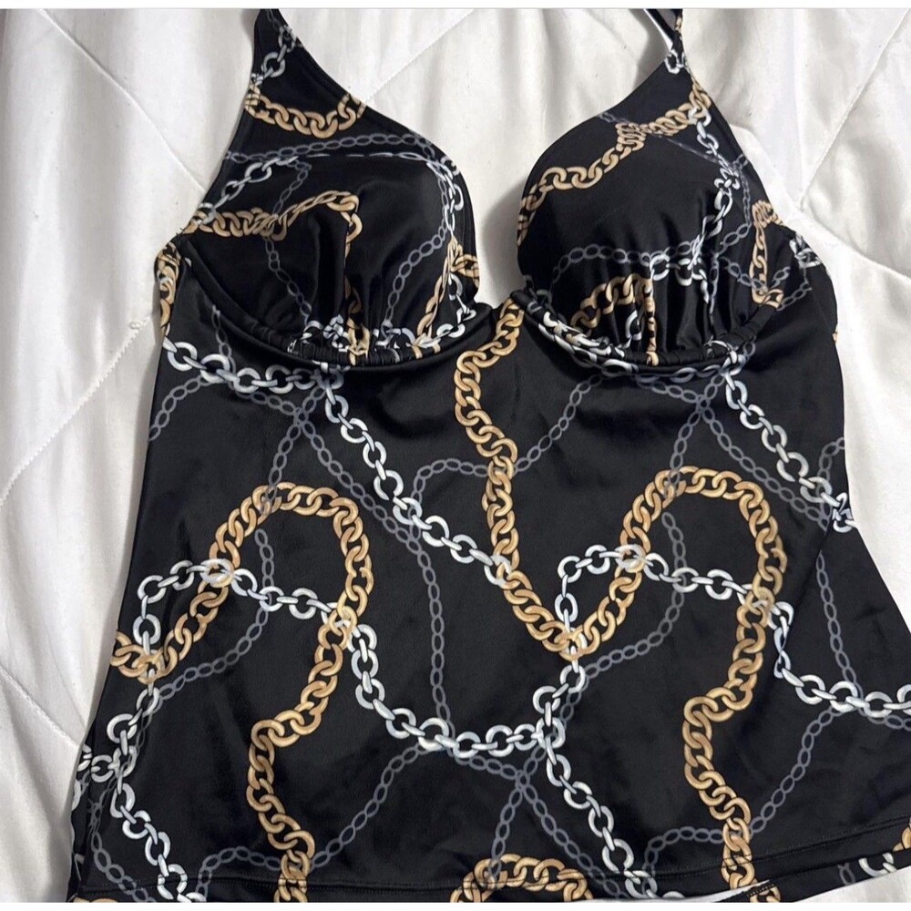 victoria secret swimsuit Black Chain Print Halter Tank Top Size 36B  Y2K Gold